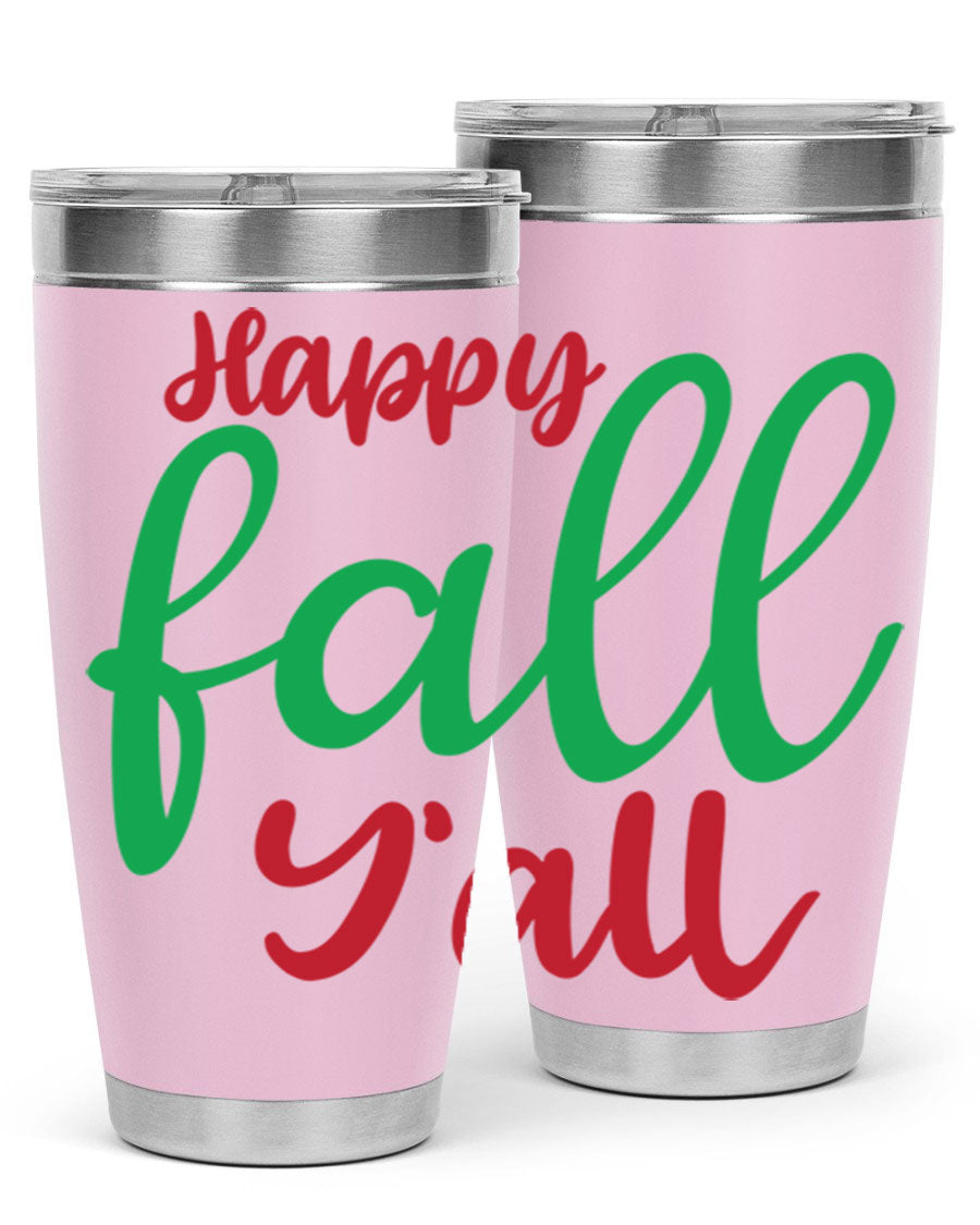 Happy Fall Y'all 20oz tumbler featuring a festive fall design, made from stainless steel with a copper lining.