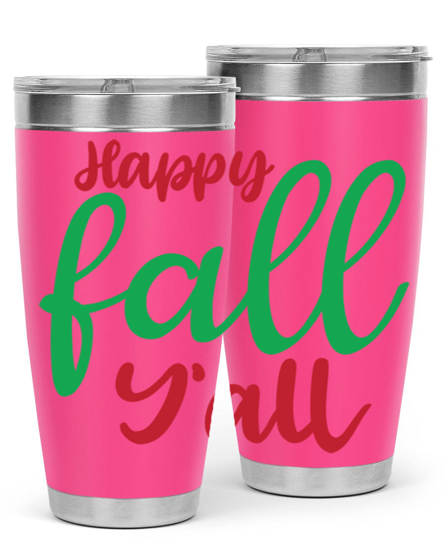 Happy Fall Y'all 20oz tumbler featuring a festive fall design, made from stainless steel with a copper lining.