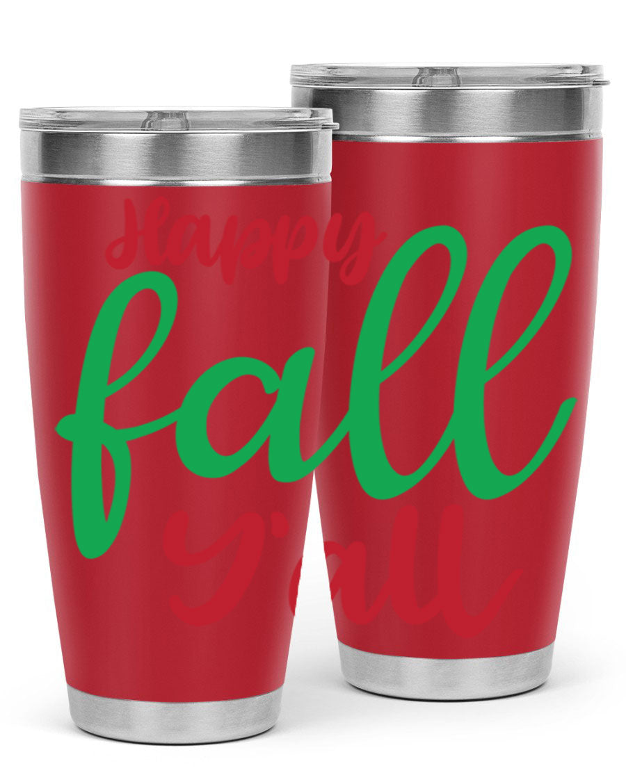 Happy Fall Y'all 20oz tumbler featuring a festive fall design, made from stainless steel with a copper lining.
