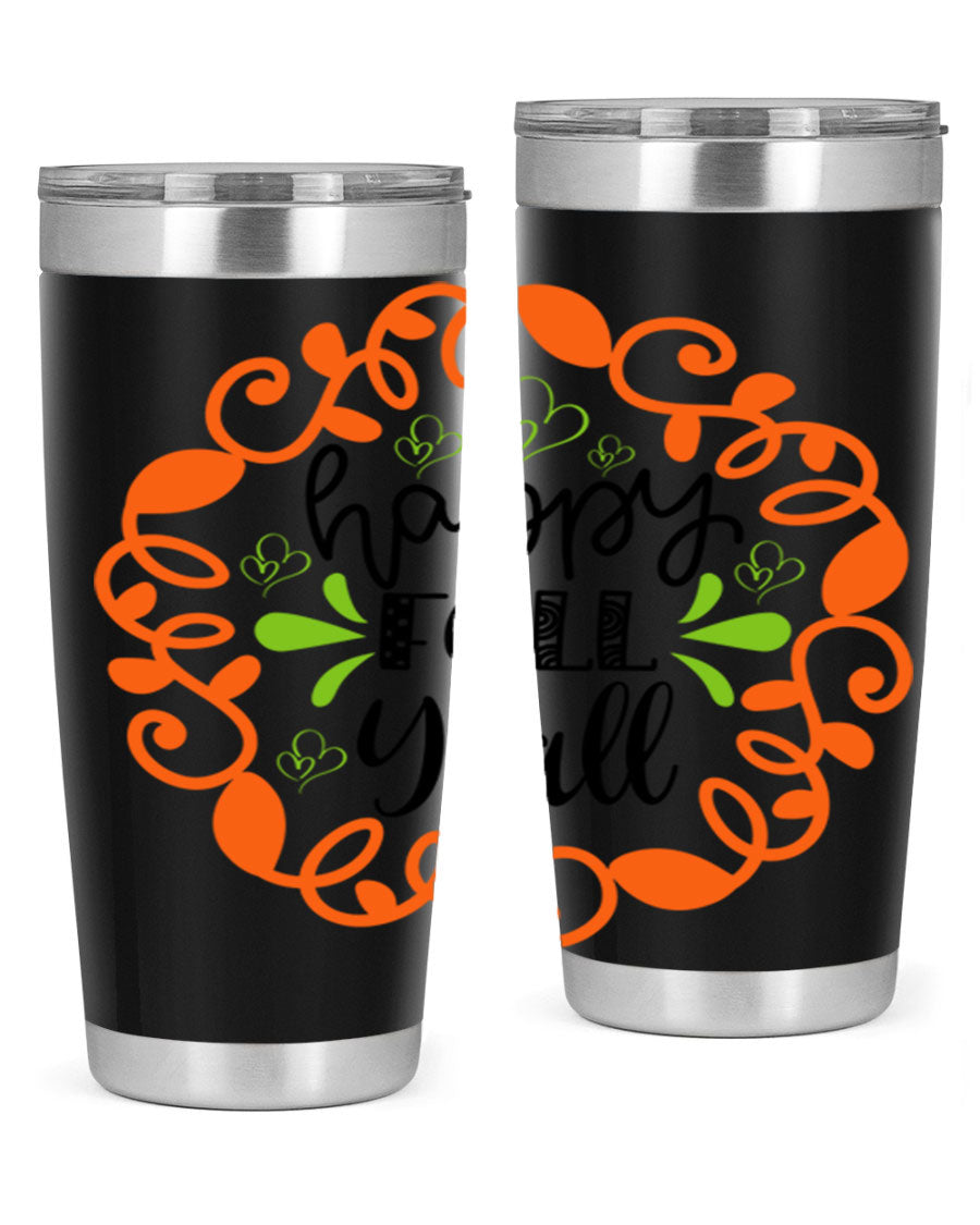 Happy Fall Y'all 20oz tumbler featuring a stylish autumn design, made of double wall vacuum stainless steel with a drink-thru lid.