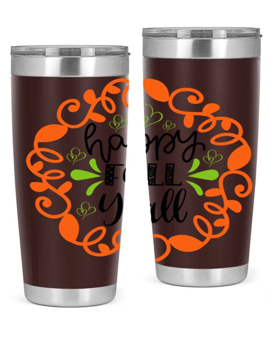 Happy Fall Y'all 20oz tumbler featuring a stylish autumn design, made of double wall vacuum stainless steel with a drink-thru lid.
