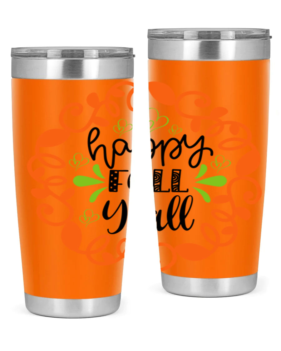 Happy Fall Y'all 20oz tumbler featuring a stylish autumn design, made of double wall vacuum stainless steel with a drink-thru lid.
