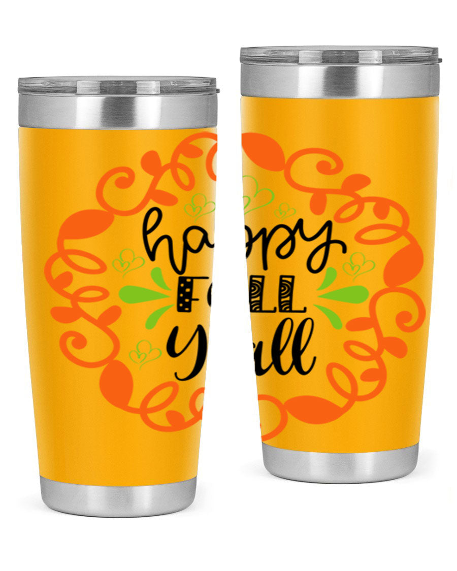 Happy Fall Y'all 20oz tumbler featuring a stylish autumn design, made of double wall vacuum stainless steel with a drink-thru lid.