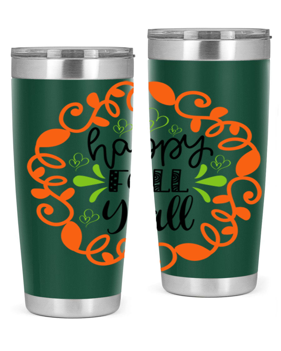 Happy Fall Y'all 20oz tumbler featuring a stylish autumn design, made of double wall vacuum stainless steel with a drink-thru lid.