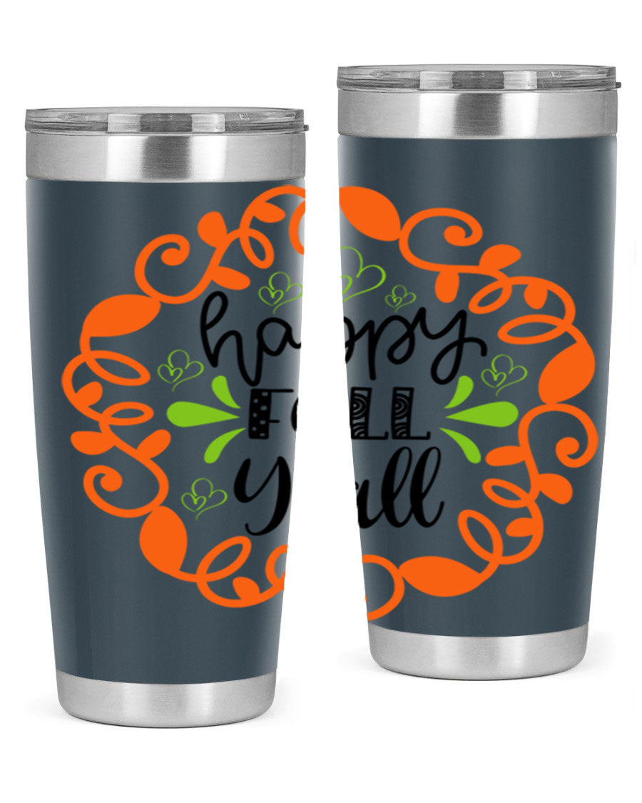 Happy Fall Y'all 20oz tumbler featuring a stylish autumn design, made of double wall vacuum stainless steel with a drink-thru lid.