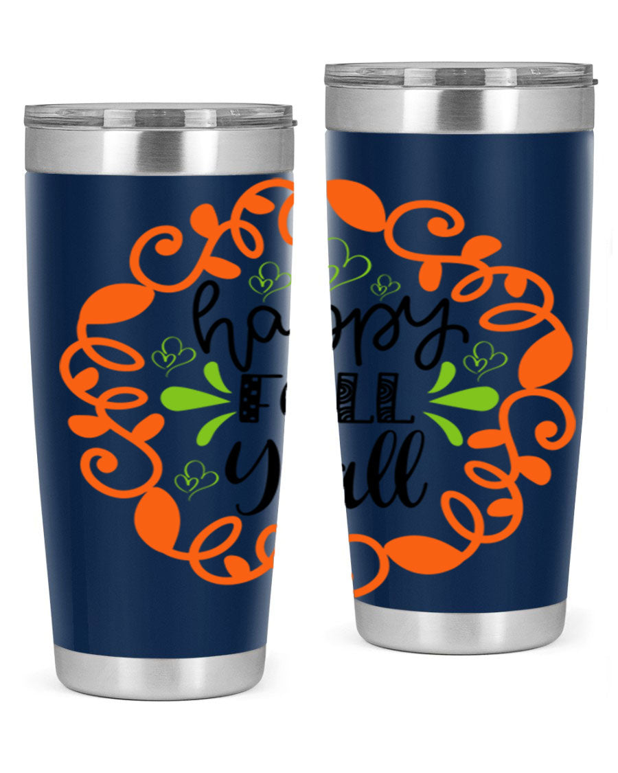Happy Fall Y'all 20oz tumbler featuring a stylish autumn design, made of double wall vacuum stainless steel with a drink-thru lid.