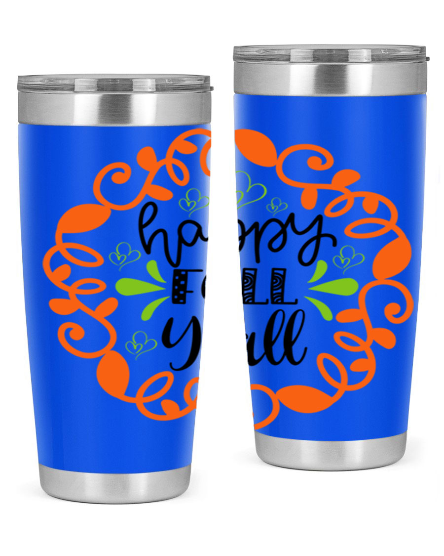 Happy Fall Y'all 20oz tumbler featuring a stylish autumn design, made of double wall vacuum stainless steel with a drink-thru lid.