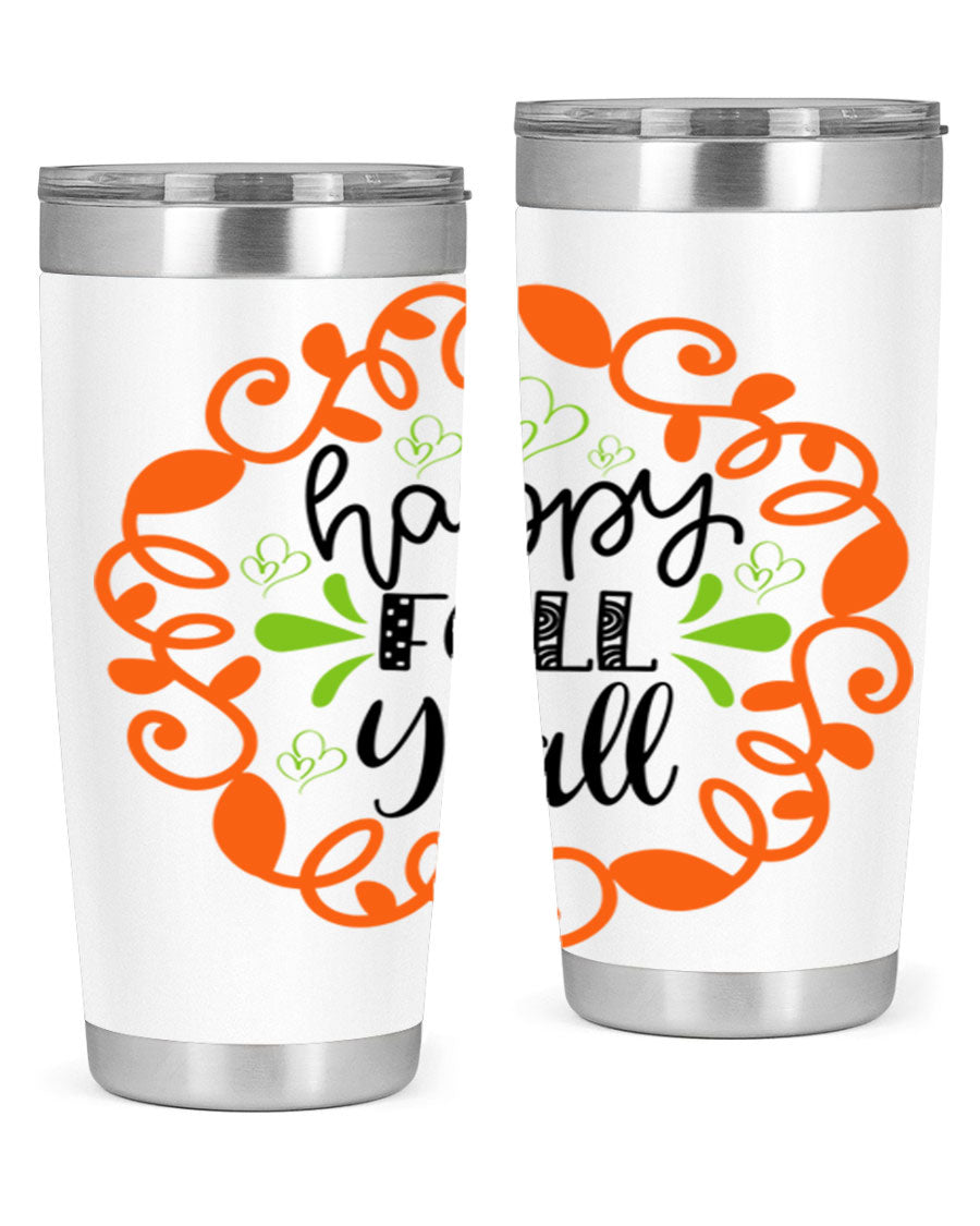Happy Fall Y'all 20oz tumbler featuring a stylish autumn design, made of double wall vacuum stainless steel with a drink-thru lid.