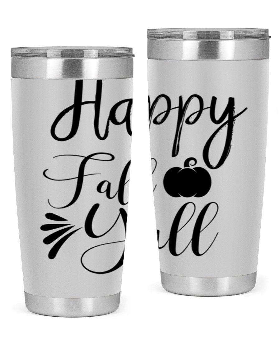 Happy Fall Y'all 20oz Tumbler featuring double wall vacuum stainless steel design with autumn-themed print.