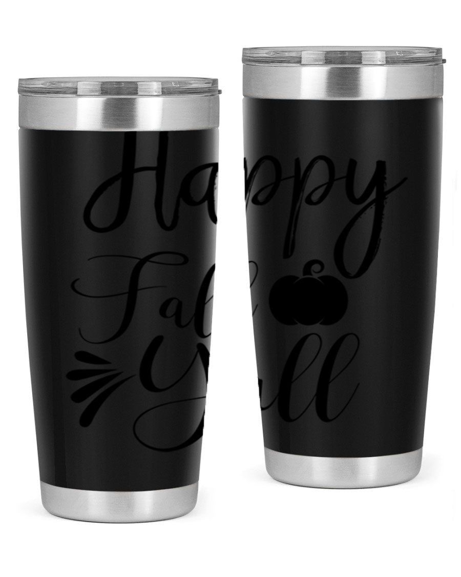 Happy Fall Y'all 20oz Tumbler featuring double wall vacuum stainless steel design with autumn-themed print.