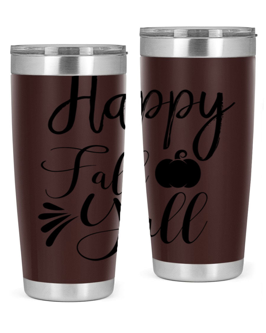 Happy Fall Y'all 20oz Tumbler featuring double wall vacuum stainless steel design with autumn-themed print.