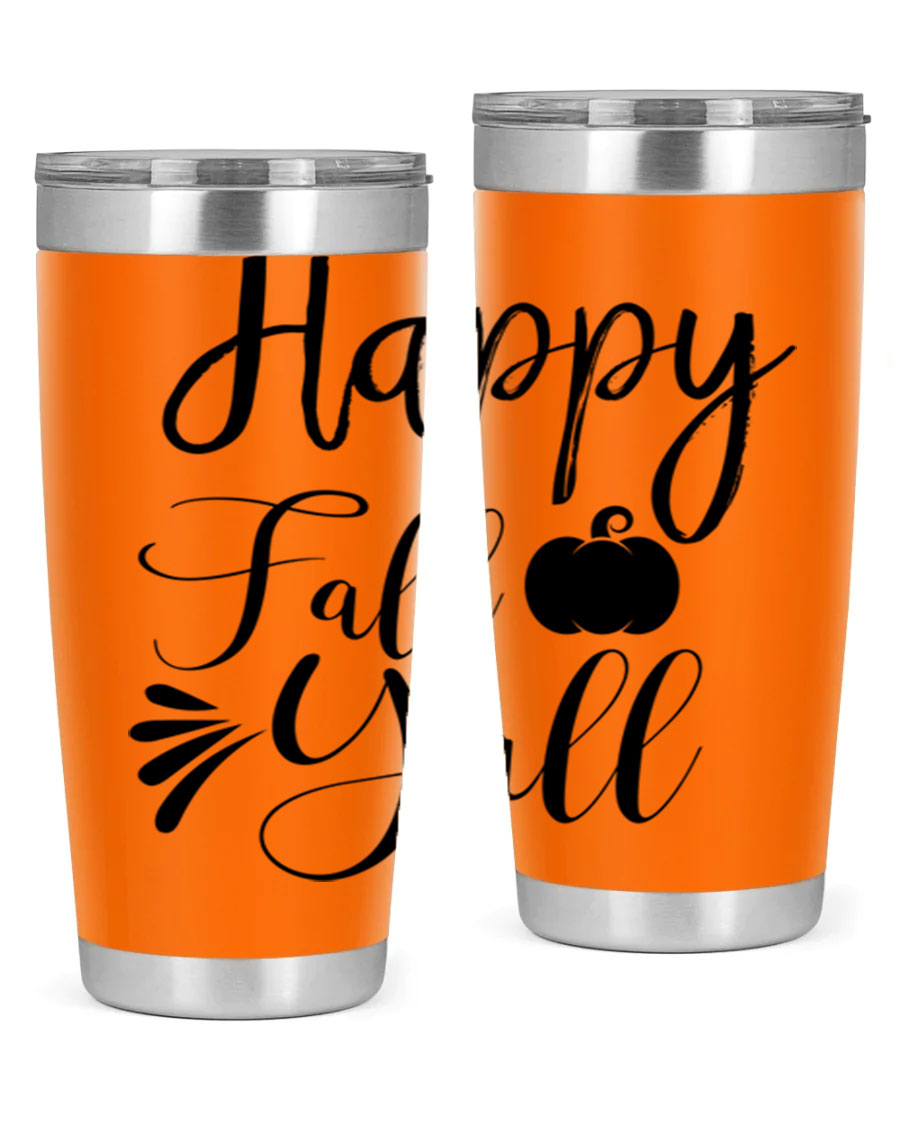 Happy Fall Y'all 20oz Tumbler featuring double wall vacuum stainless steel design with autumn-themed print.