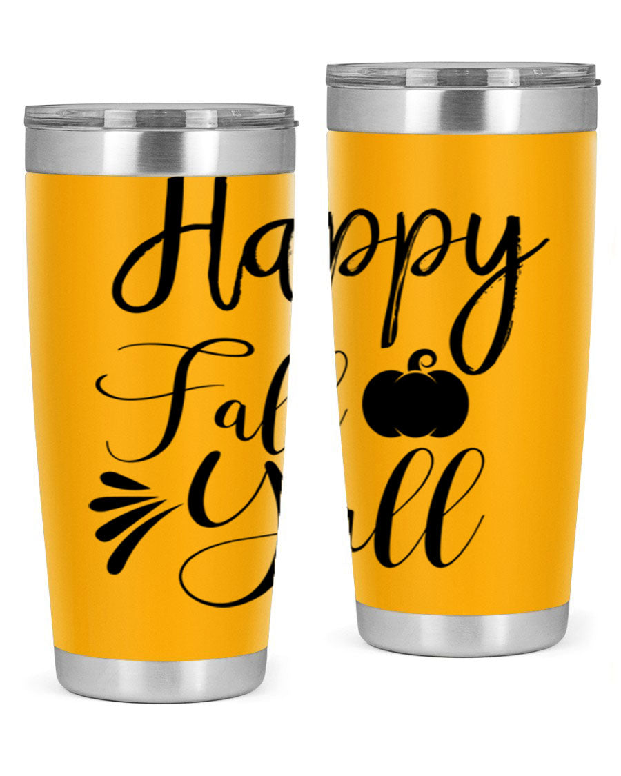 Happy Fall Y'all 20oz Tumbler featuring double wall vacuum stainless steel design with autumn-themed print.