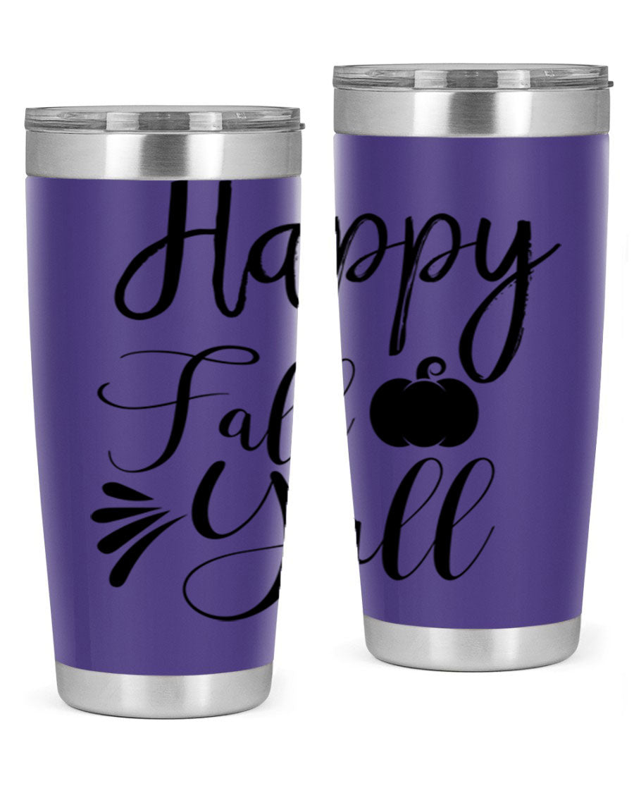 Happy Fall Y'all 20oz Tumbler featuring double wall vacuum stainless steel design with autumn-themed print.