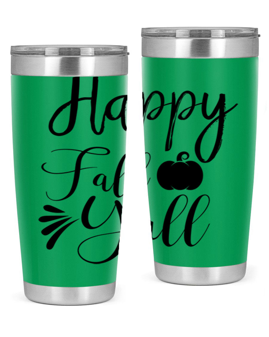 Happy Fall Y'all 20oz Tumbler featuring double wall vacuum stainless steel design with autumn-themed print.