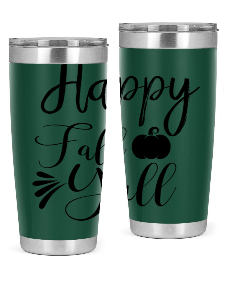 Happy Fall Y'all 20oz Tumbler featuring double wall vacuum stainless steel design with autumn-themed print.