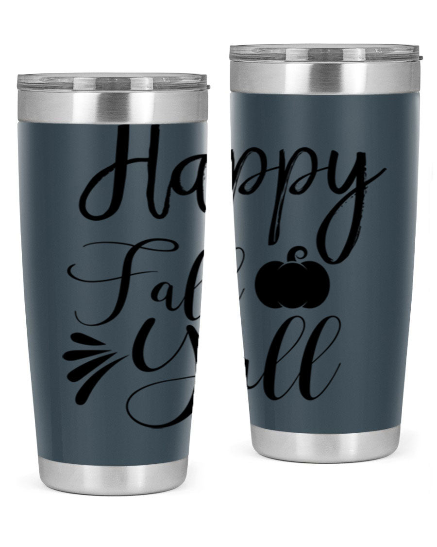 Happy Fall Y'all 20oz Tumbler featuring double wall vacuum stainless steel design with autumn-themed print.