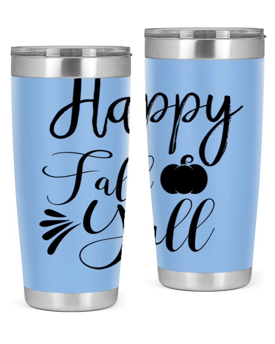 Happy Fall Y'all 20oz Tumbler featuring double wall vacuum stainless steel design with autumn-themed print.