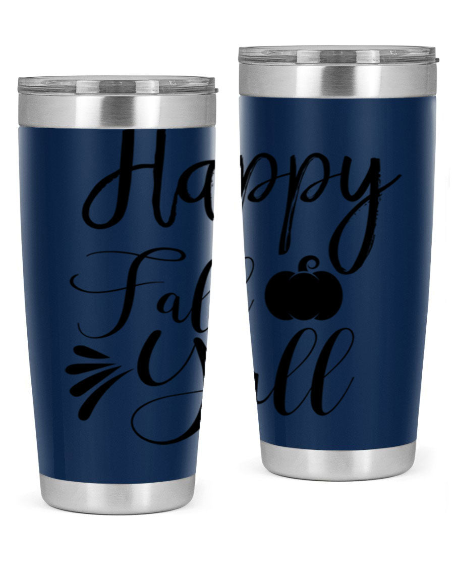 Happy Fall Y'all 20oz Tumbler featuring double wall vacuum stainless steel design with autumn-themed print.