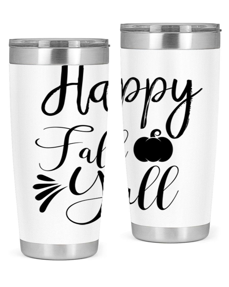 Happy Fall Y'all 20oz Tumbler featuring double wall vacuum stainless steel design with autumn-themed print.