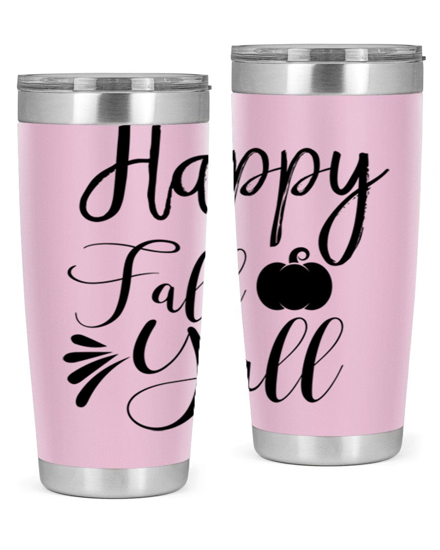 Happy Fall Y'all 20oz Tumbler featuring double wall vacuum stainless steel design with autumn-themed print.