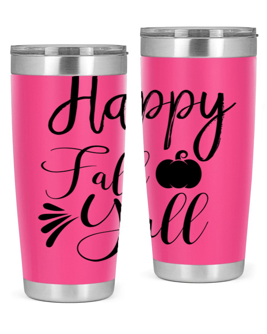 Happy Fall Y'all 20oz Tumbler featuring double wall vacuum stainless steel design with autumn-themed print.