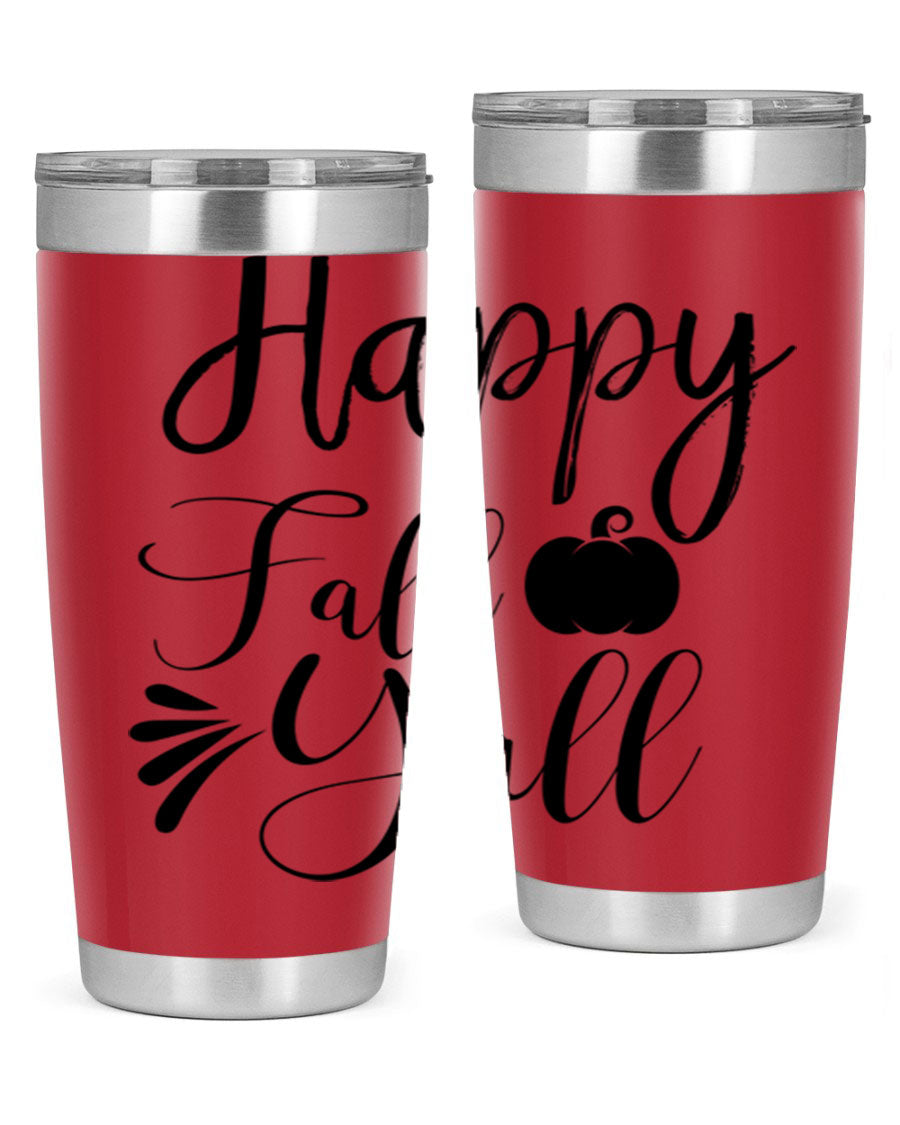 Happy Fall Y'all 20oz Tumbler featuring double wall vacuum stainless steel design with autumn-themed print.