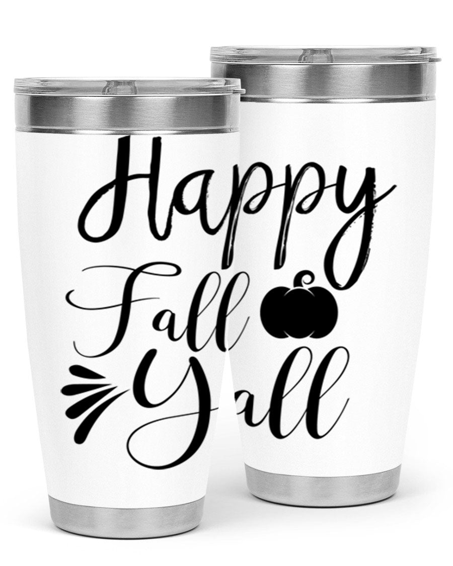 Happy Fall Y'all 20oz Tumbler featuring double wall vacuum stainless steel design with autumn-themed print.