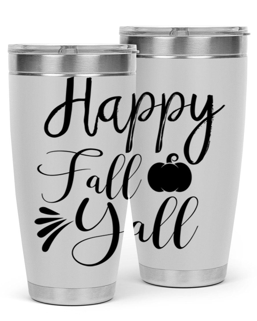 Happy Fall Y'all 20oz Tumbler featuring double wall vacuum stainless steel design with autumn-themed print.