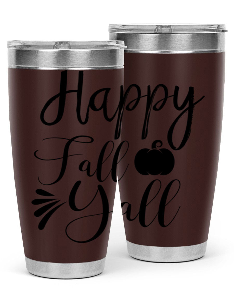 Happy Fall Y'all 20oz Tumbler featuring double wall vacuum stainless steel design with autumn-themed print.