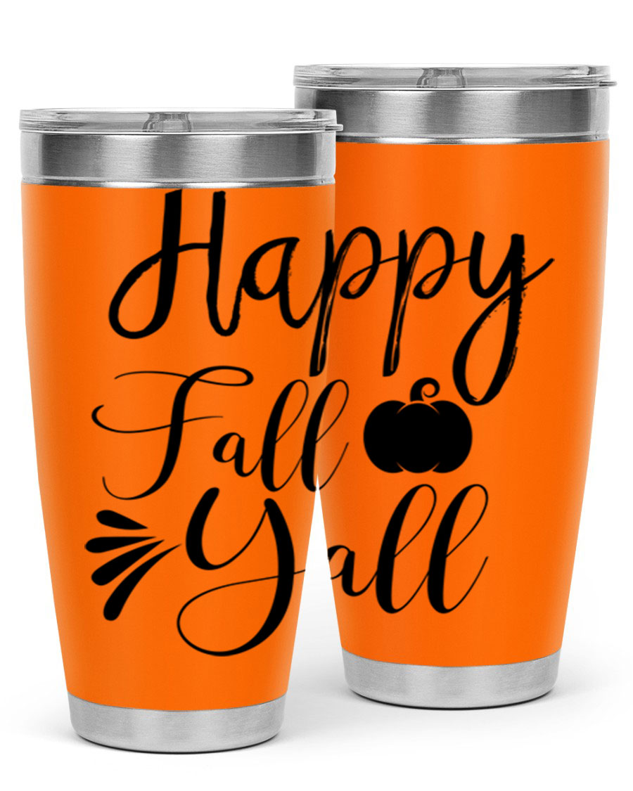 Happy Fall Y'all 20oz Tumbler featuring double wall vacuum stainless steel design with autumn-themed print.