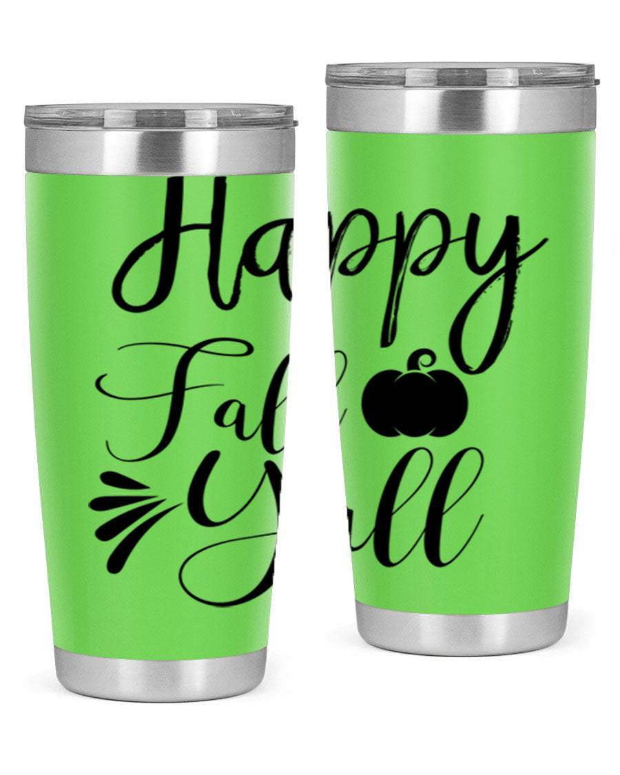 Happy Fall Y'all 20oz Tumbler featuring double wall vacuum stainless steel design with autumn-themed print.