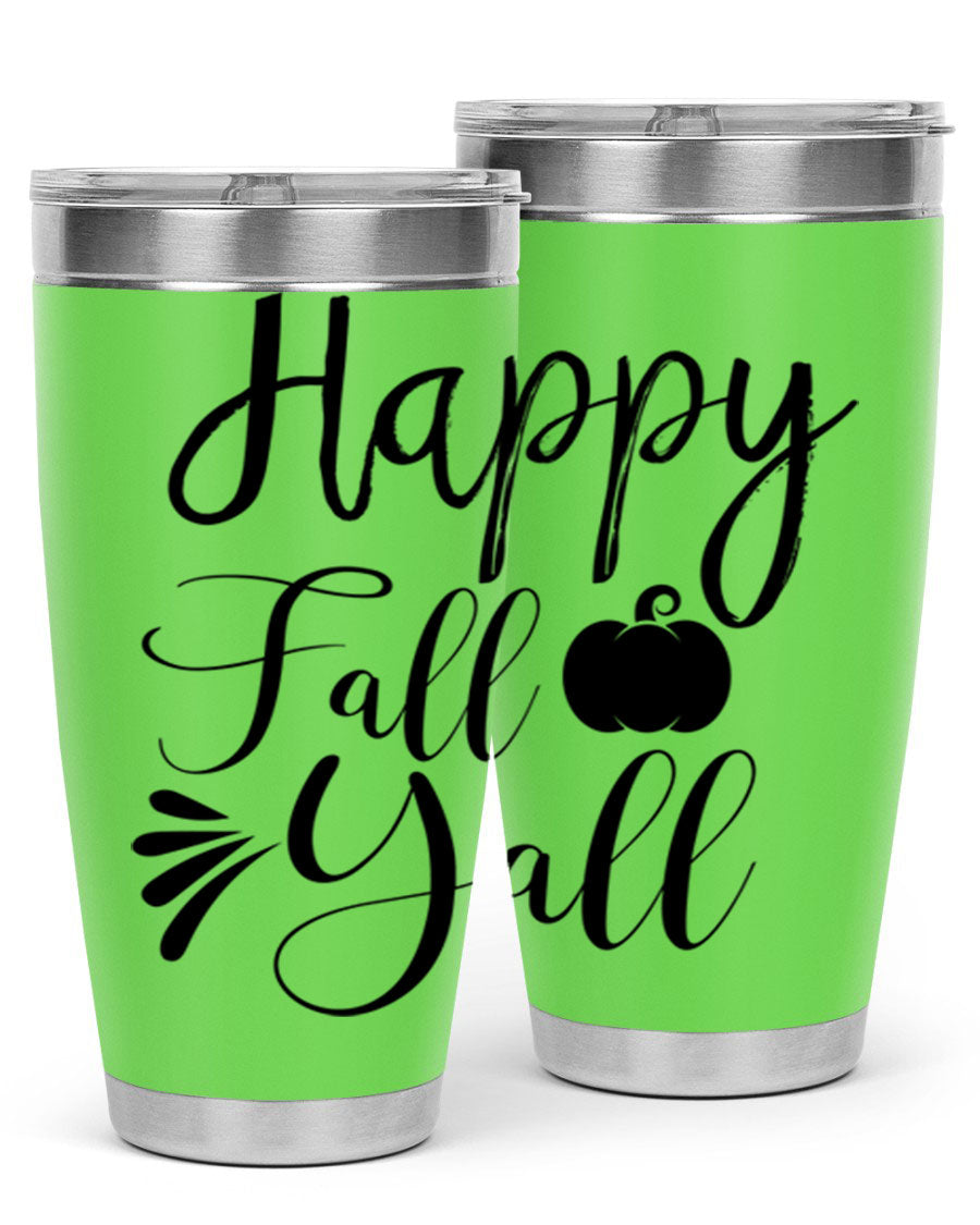 Happy Fall Y'all 20oz Tumbler featuring double wall vacuum stainless steel design with autumn-themed print.