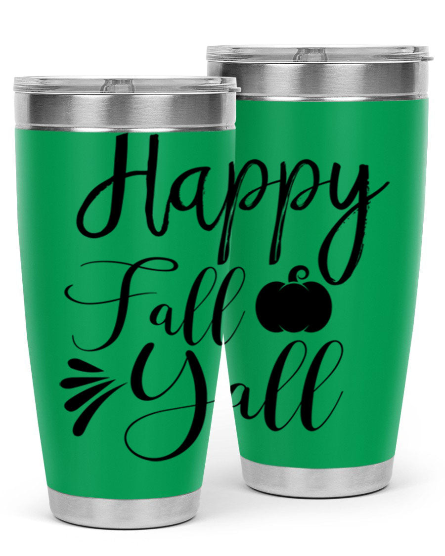 Happy Fall Y'all 20oz Tumbler featuring double wall vacuum stainless steel design with autumn-themed print.