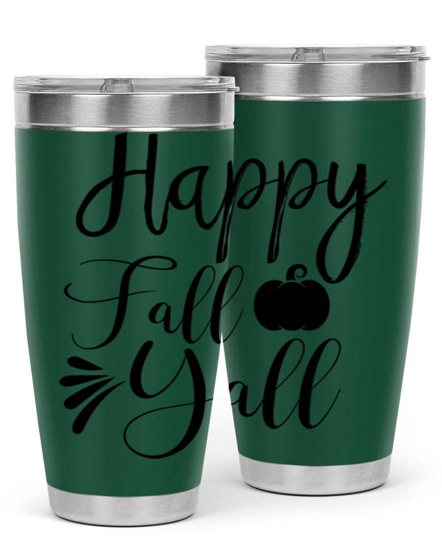 Happy Fall Y'all 20oz Tumbler featuring double wall vacuum stainless steel design with autumn-themed print.