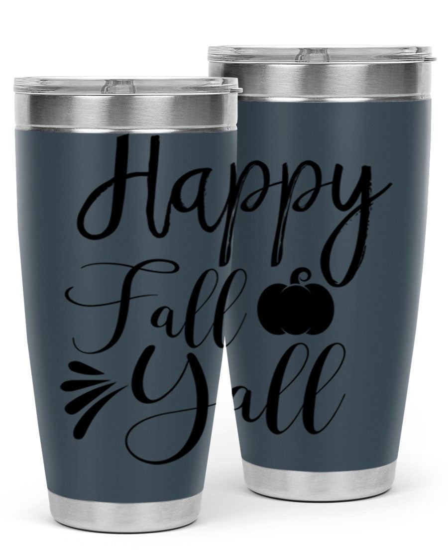 Happy Fall Y'all 20oz Tumbler featuring double wall vacuum stainless steel design with autumn-themed print.