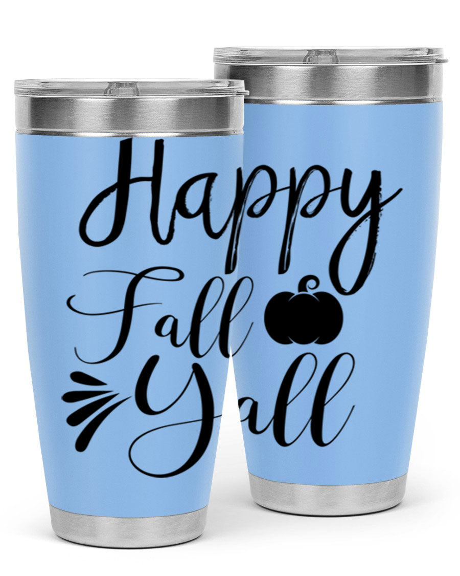 Happy Fall Y'all 20oz Tumbler featuring double wall vacuum stainless steel design with autumn-themed print.