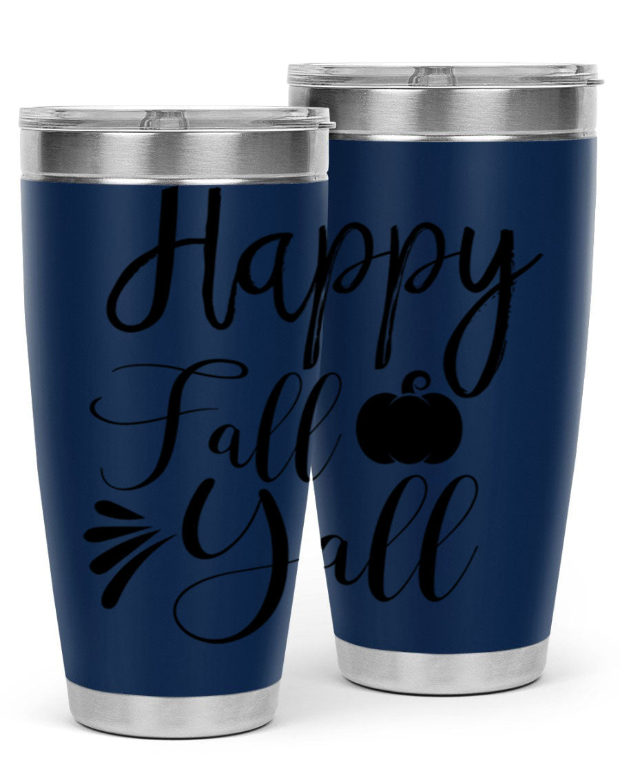 Happy Fall Y'all 20oz Tumbler featuring double wall vacuum stainless steel design with autumn-themed print.