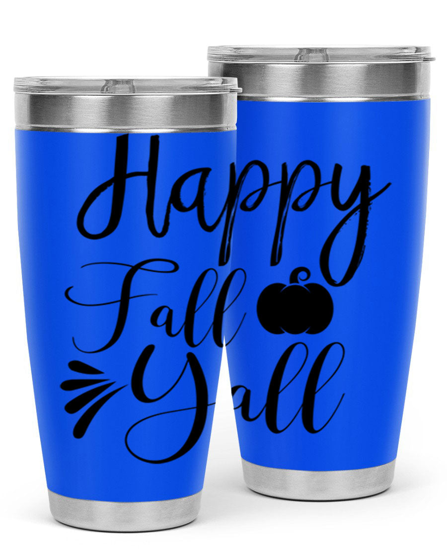 Happy Fall Y'all 20oz Tumbler featuring double wall vacuum stainless steel design with autumn-themed print.