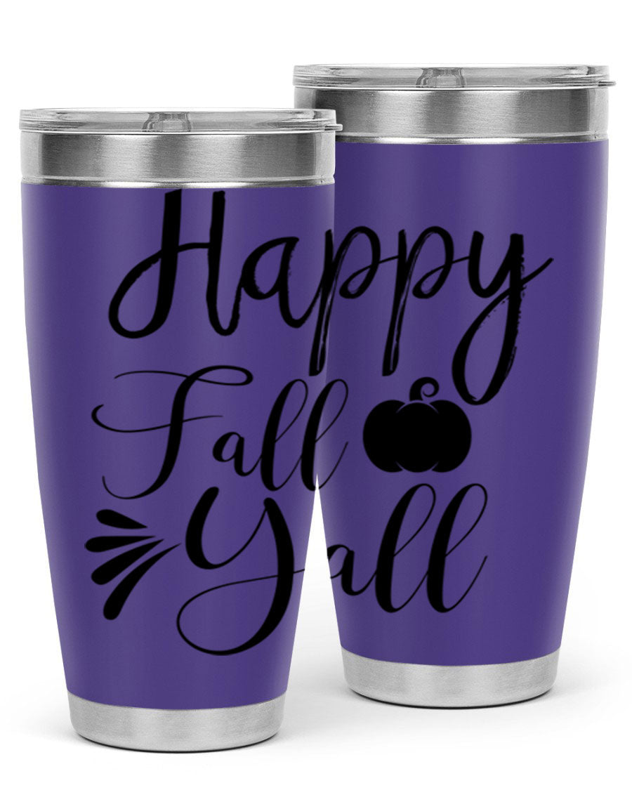 Happy Fall Y'all 20oz Tumbler featuring double wall vacuum stainless steel design with autumn-themed print.
