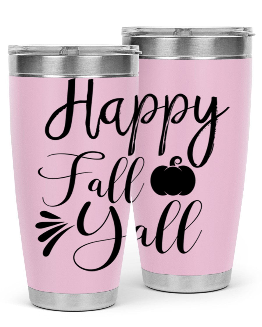 Happy Fall Y'all 20oz Tumbler featuring double wall vacuum stainless steel design with autumn-themed print.