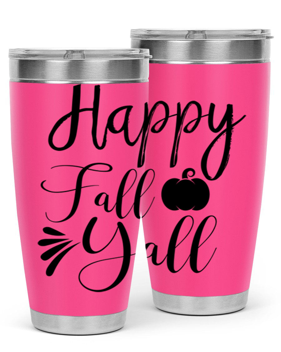 Happy Fall Y'all 20oz Tumbler featuring double wall vacuum stainless steel design with autumn-themed print.