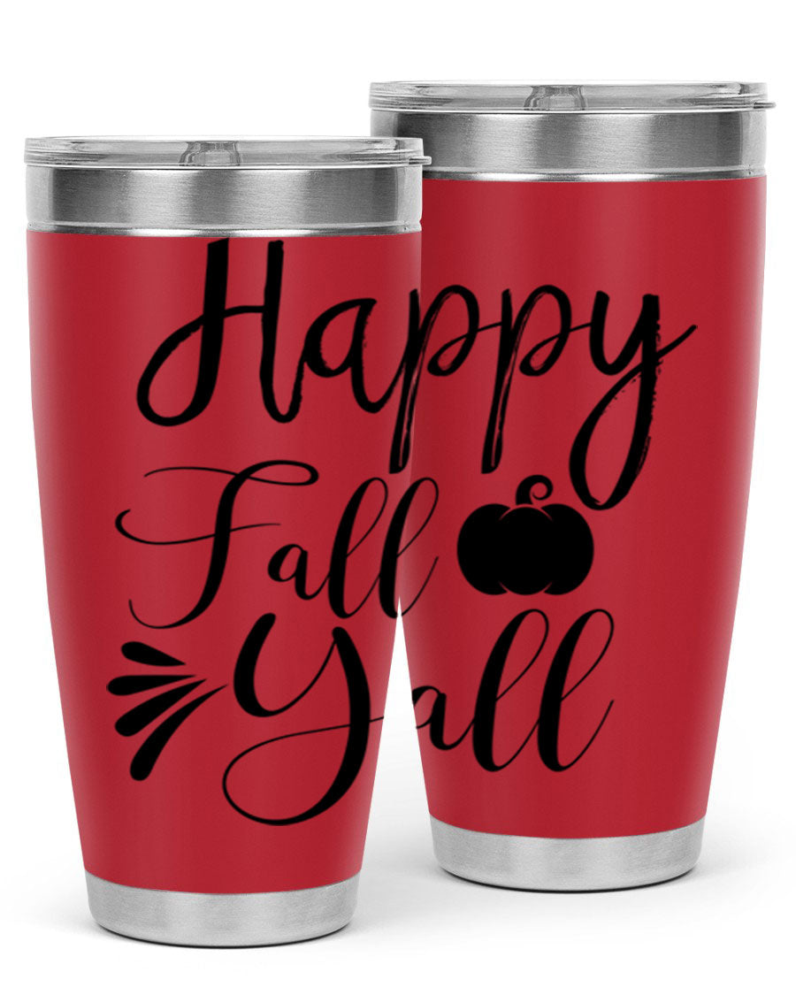 Happy Fall Y'all 20oz Tumbler featuring double wall vacuum stainless steel design with autumn-themed print.