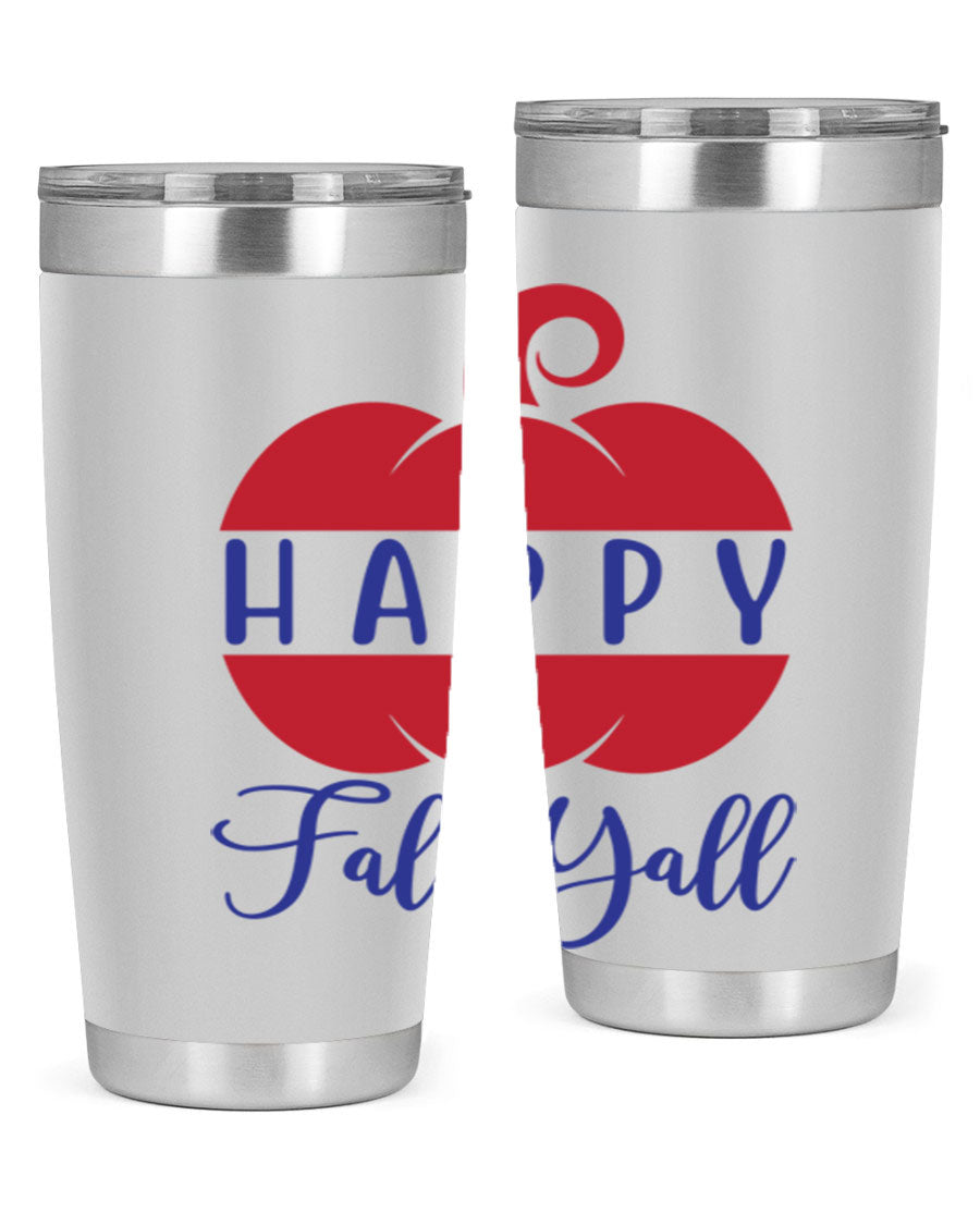 Happy Fall Y'all 20oz tumbler featuring a seasonal design, made of stainless steel with a drink-thru lid.