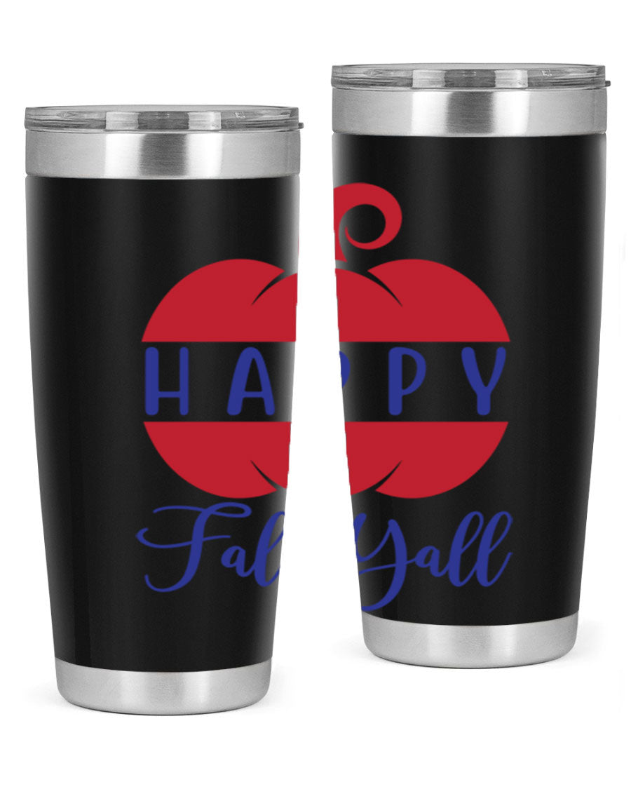 Happy Fall Y'all 20oz tumbler featuring a seasonal design, made of stainless steel with a drink-thru lid.