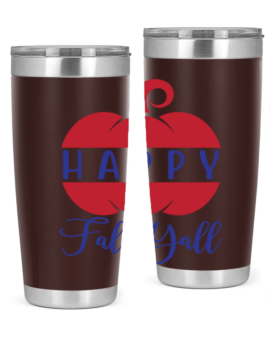 Happy Fall Y'all 20oz tumbler featuring a seasonal design, made of stainless steel with a drink-thru lid.