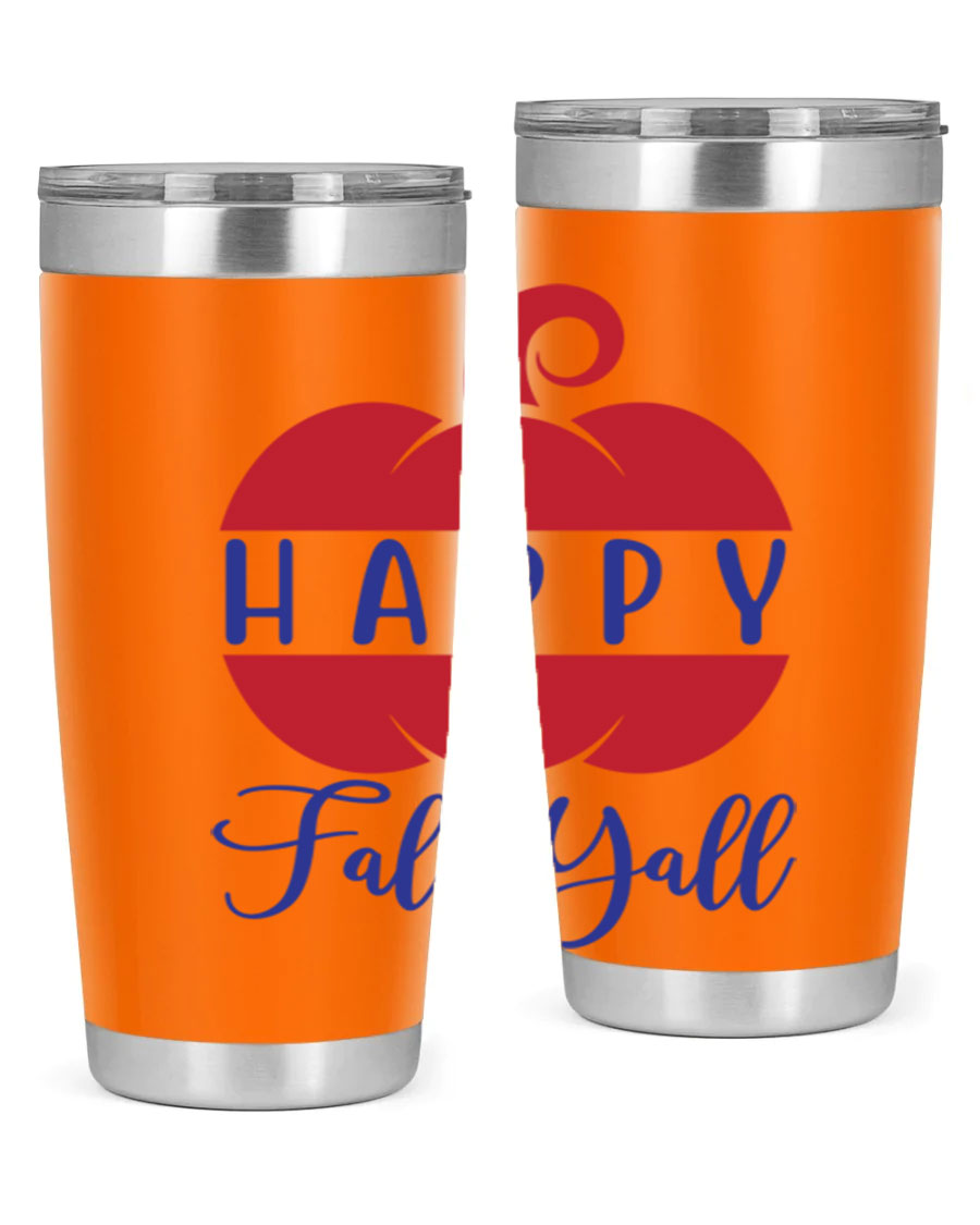 Happy Fall Y'all 20oz tumbler featuring a seasonal design, made of stainless steel with a drink-thru lid.