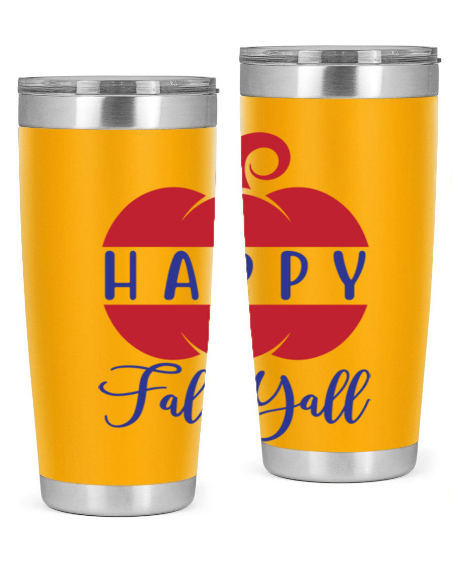 Happy Fall Y'all 20oz tumbler featuring a seasonal design, made of stainless steel with a drink-thru lid.