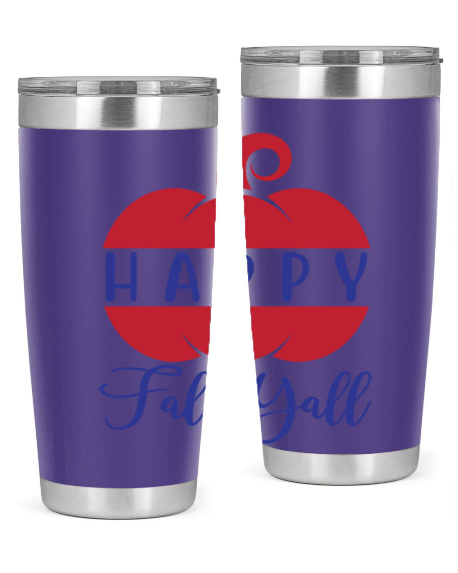 Happy Fall Y'all 20oz tumbler featuring a seasonal design, made of stainless steel with a drink-thru lid.