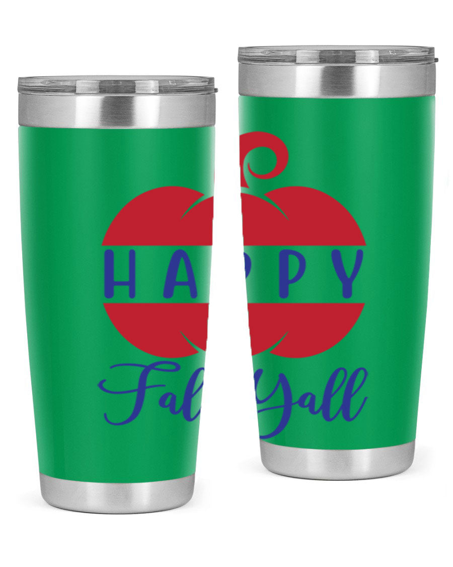 Happy Fall Y'all 20oz tumbler featuring a seasonal design, made of stainless steel with a drink-thru lid.